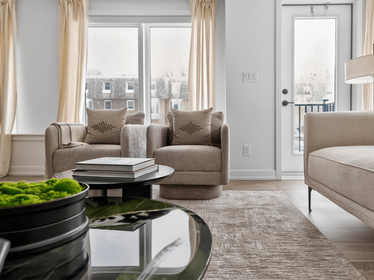 Staged living room at The Towns at York Mills & Leslie.